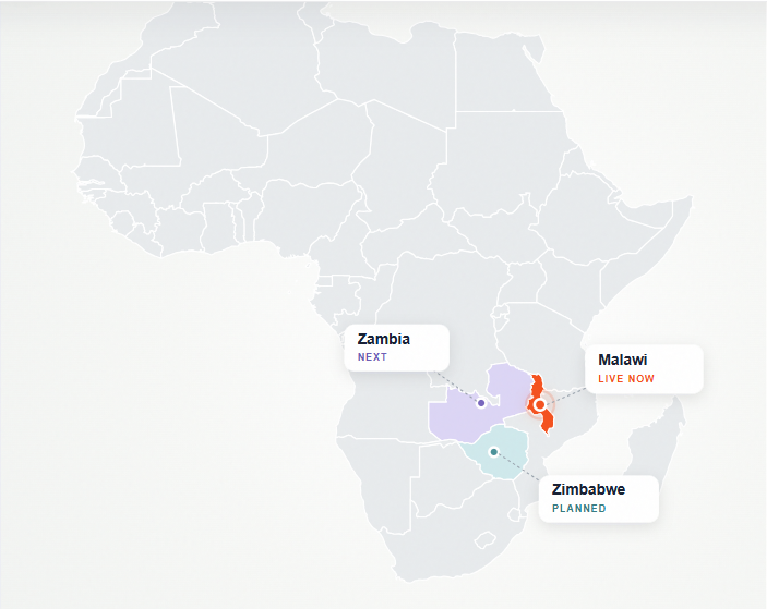Africa market map showing Malawi, Zambia, Zimbabwe and Kenya