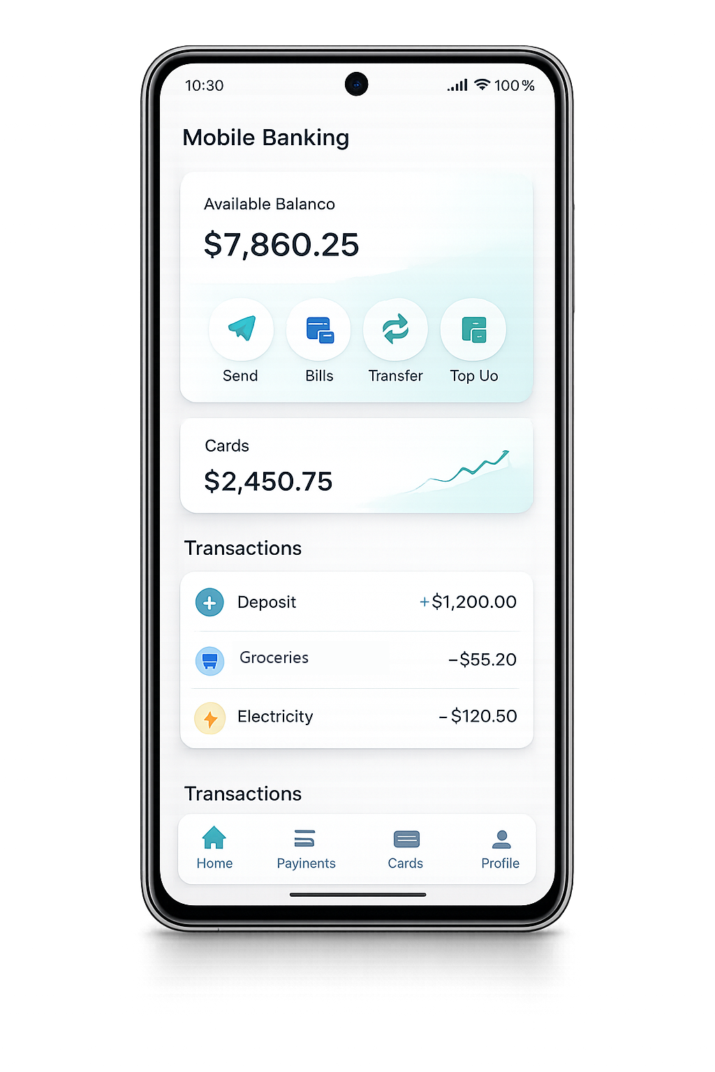 Smartphone showing digital banking access, including a Groceries transaction